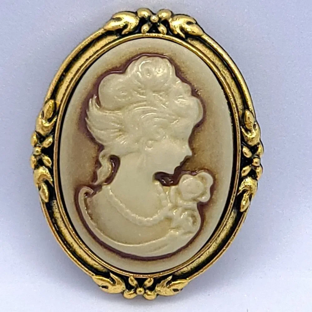Antique Gold Cameo Brooch Vintage Renaissance Pin Cottagecore Heritage Neutral